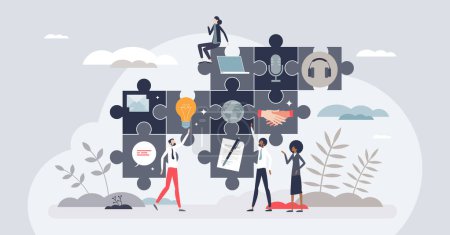 Illustration for Elements of communication and business conversation tiny person concept. Various channels for agreement negotiation and professional teamwork management vector illustration. Trade contract process. - Royalty Free Image