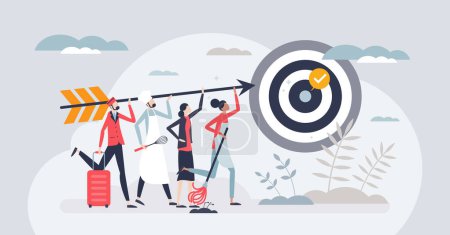 Illustration for Goals and targets success from various occupations tiny person concept. Multidisciplinary accomplishment with hard effort, precise objectives and perfection vector illustration. Cooperation power. - Royalty Free Image