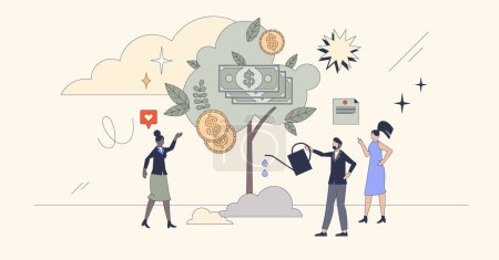 Illustration for Growth and success as financial money tree retro tiny person concept. Steady business development with strong and effective leadership vector illustration. Team income after successful sales. - Royalty Free Image