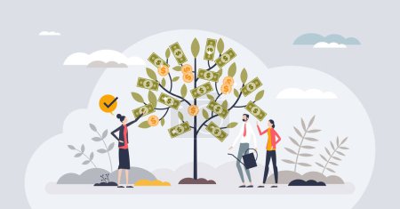 Growth and success as financial money tree with profit tiny person concept. Steady business development with strong and effective leadership vector illustration. Team income after successful sales.