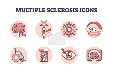 Illustration for Multiple sclerosis simple icons with cause, symptoms or treatment outline concept. MS as neural brain cord coverage damage from autoimmune processes vector illustration. Medical disease visualization - Royalty Free Image