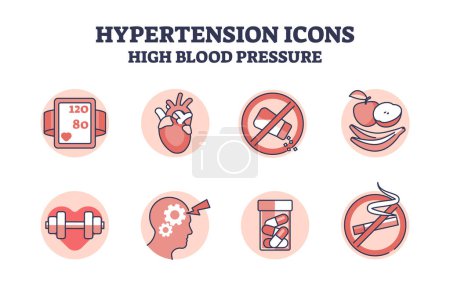 Ilustración de Iconos de hipertensión para recomendaciones de presión arterial alta diagrama de contorno. Sugerencias de estilo de vida para la ilustración de vectores del sistema cardiovascular saludable. Enfermedad por colesterol o prevención de ataques cardíacos - Imagen libre de derechos