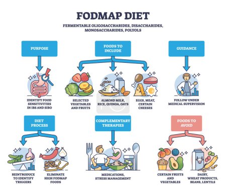 Fodmap Ernährung als Empfehlungen für Reizdarmsyndrom Skizze. Vorschlag und Anleitung zu Ernährungsgewohnheiten für Patienten mit Verdauungsproblemen.
