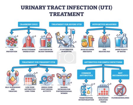 Infección del tracto urinario o tratamiento de ITU para la enfermedad vesical esquema diagrama. Esquema educativo etiquetado con métodos médicos para el tratamiento de enfermedades y apoyo urológico o ayuda ilustración vectorial.