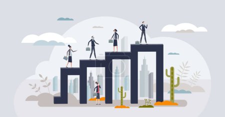 Illustration for Career advancement and business progress development tiny person concept. Work achievement, professional growth opportunity and improvement vector illustration. Job promotion and challenges for rise. - Royalty Free Image