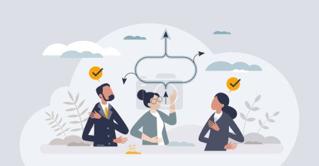 Illustration for Mediation session and redirecting conversation progress tiny person concept. Communication professional and psychologist support for effective negotiation and arguments listening vector illustration. - Royalty Free Image