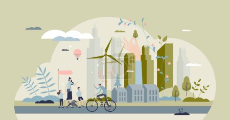 Illustration for Cityscape with modern city and green residential houses tiny person concept. Urban scene with skyscrapers and sustainable energy usage for family and nature friendly lifestyle vector illustration. - Royalty Free Image