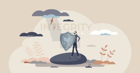 Illustration for Integrity in business with company moral values strength tiny person concept. Successful businessman with reliable principles and strong standards vector illustration. Defense shield protection. - Royalty Free Image
