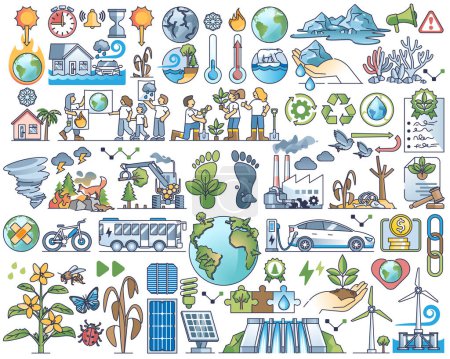 Illustration for Climate change solutions and global warming destruction outline collection set. Elements with alternative energy and green practices vector illustration. Sustainable and environmental disaster items. - Royalty Free Image
