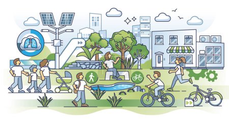 Illustration for Walkable cities and ecological infrastructure for pedestrians outline concept. Town lifestyle with healthy transportation, running, walking and cycling vector illustration. Active social community. - Royalty Free Image