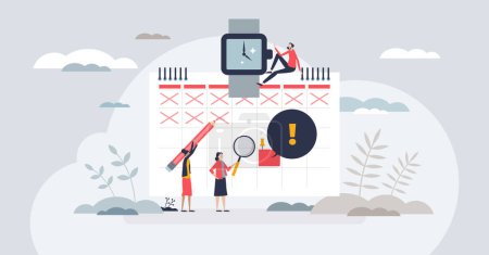 Illustration for Deadline calendar and schedule for time management tiny person concept. Efficient planning with daily tasks and works vector illustration. Meeting agenda and appointments reminder. Date organizer. - Royalty Free Image