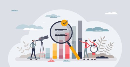 Illustration for Competitor benchmarking tools for company evaluation tiny person concept. Quality, performance and market share analysis with other businesses vector illustration. Compare process and finance reports - Royalty Free Image