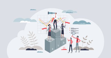 Illustration for Competitor benchmarking tools to evaluate company tiny person concept. Product, service or performance comparison with other businesses in market vector illustration. Compare and evaluate process. - Royalty Free Image