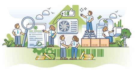 Illustration for HVAC system cost and heating bills expense calculations outline concept. New, efficient and modern AC unit or climate control appliance installation to reduce utility payments vector illustration. - Royalty Free Image