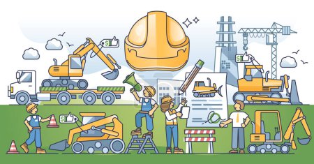 Illustration for Construction equipment rental service with heavy machinery outline concept. Professional mechanic industrial tools for house building and bulldozer transportation vector illustration. Contractor gear - Royalty Free Image
