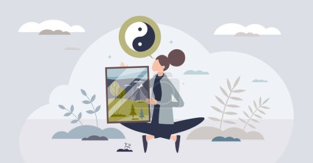 Illustration for Self awareness and mental harmony with body calmness tiny person concept. Psychological mindset with calm confidence, healthy relationship with yourself and mental identity care vector illustration. - Royalty Free Image