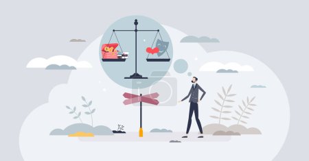 Illustration for Cognitive biases and psychological mind logic issues tiny person concept. Judgment about career, work or finances versus love, relationship and family vector illustration. Systematic thought tendency - Royalty Free Image