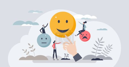 Illustration for Emotional regulation and feeling control with mind skills tiny person concept. Psychological intelligence with mood self management and mind balance vector illustration. Change facial expression. - Royalty Free Image