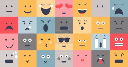 Illustration for Emotional regulation examples with various facial expression collection. Different feelings and moods with psychological mindsets. Happy, sad, angry and excited faces in colorful collection. - Royalty Free Image