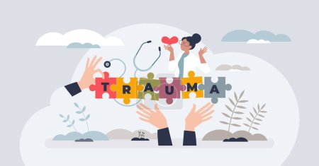 Illustration for Trauma informed care with understanding about patient body health condition tiny person concept. Complex medical treatment and therapy with professional specialist support vector illustration. - Royalty Free Image