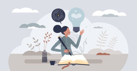 Illustration for Self awareness and writing diary to understand daily emotions tiny person concept. Journaling feelings as psychological method to perceive and understand yourself mental mindset vector illustration. - Royalty Free Image