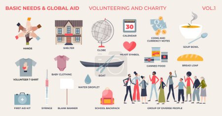 Illustration for Basic needs, global aid volunteering and charity tiny person collection set. Elements with humanitarian support, poverty awareness, medical assistance and donation support items vector illustration. - Royalty Free Image