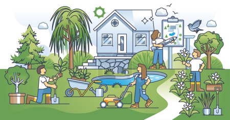 Illustration for Residential landscaping services and garden architect work outline concept. Professional planting team with precise backyard project for aesthetic environment vector illustration. Home yard patio. - Royalty Free Image