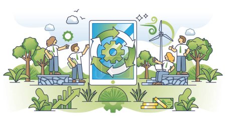 Illustration for Corporate sustainability software or continuous manufacturing analysis outline concept. Energy from green, ecological and recyclable resources to reduce emissions from business vector illustration. - Royalty Free Image