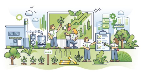Illustration for Corporate sustainability software for ecological analysis outline concept. Energy recycling and business emissions storage as nature friendly solution to reduce factory pollution vector illustration. - Royalty Free Image