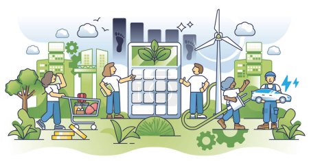 Illustration for Carbon footprint calculator and CO2 emissions analysis outline concept. Alternative electricity production from alternative sources to avoid fossil fuel burning and climate impact vector illustration - Royalty Free Image