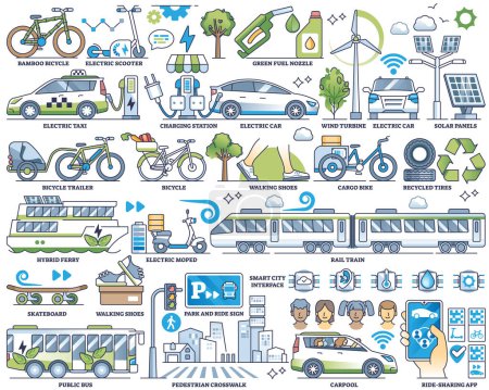 Illustration for Sustainable transportation and green logistics outline collection set. Drive using EV, hybrid vehicle or environmental friendly solutions vector illustration. Charging infrastructure for clean power. - Royalty Free Image
