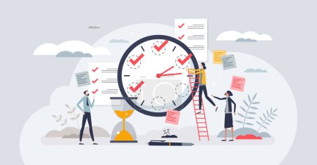 Illustration for Quick tasks as effective and fast work schedule plan tiny person concept. Clock with hourly deadline for little goals vector illustration. Productive process management with short priority steps. - Royalty Free Image