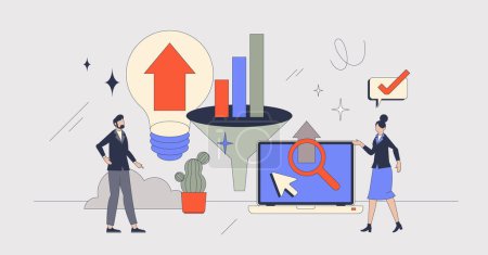 Illustration for SEO optimization and data funnel results analysis retro tiny person concept. Search engine performance improvement with precise and targeted audience planning vector illustration. Marketing analytics - Royalty Free Image