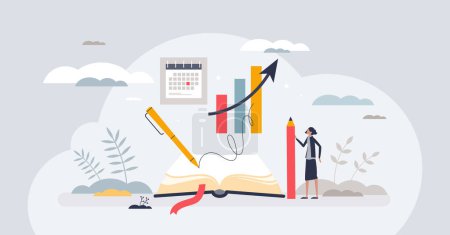 Illustration for Bullet journaling method for daily tasks organization tiny person concept. Write journal with work activities and agenda for productivity and efficiency vector illustration. Time management system. - Royalty Free Image