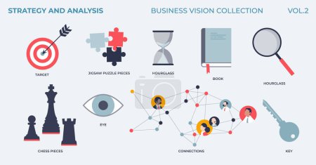 Illustration for Strategy and analysis for effective and smart business vision tiny collection. Labeled elements with target, objectives, corporate connections, precise moves and high performance vector illustration. - Royalty Free Image