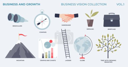 Illustration for Business growth, development and vision elements in labeled tiny collection. Company deals, future financial ambitions and achievements vector illustration. Successful leadership and performance. - Royalty Free Image