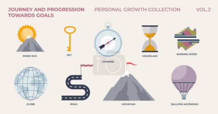 Illustration for Journey and progression towards goals in personal growth tiny collection. Labeled elements with achievements, successful leadership and ambitions vector illustration. Development and progress vision. - Royalty Free Image
