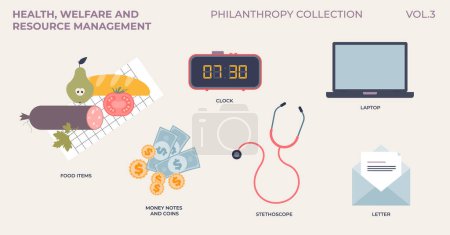 Illustration for Health, welfare and resource management from philanthropy tiny collection set. Labeled elements with financial, medical, legal and daily support vector illustration. Public wellness and civil care. - Royalty Free Image