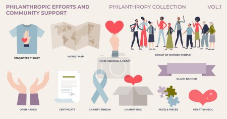 Philanthropic efforts and community support from tiny person collection set. Labeled philanthropy elements with social aid, help and donations vector illustration. Assistance and generosity campaign.