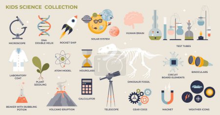 Photo for Kids science and fun experimental way to teach nature tiny collection set. Labeled elements with physics, chemistry, biology and geography for children learning vector illustration. Knowledge study. - Royalty Free Image