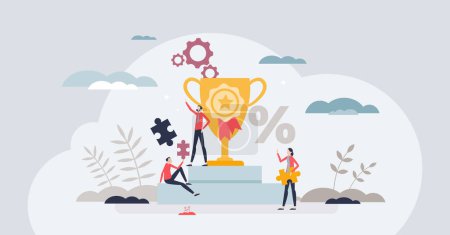 Illustration for Gamification method for motivation and fun process tiny person concept. Bonus prize, trophy or award for challenge winner vector illustration. Employee or customer engagement with fun competition. - Royalty Free Image