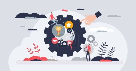 Illustration for Gamification as engagement, motivation and fun strategy tiny person concept. Effective employee or customer entertainment tool for best work results vector illustration. Campaign with competition. - Royalty Free Image