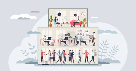 Illustration for Career levels and employee work progress in hierarchy tiny person concept. Company positions from entry level to senior and executive vector illustration. Effective collaboration and partnership. - Royalty Free Image
