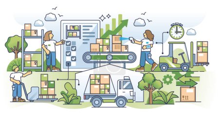Illustration for Supply chain optimization for effective logistic process outline concept. Warehouse distribution system with fast shipping and efficient turnover time vector illustration. Lean manufacturing strategy - Royalty Free Image