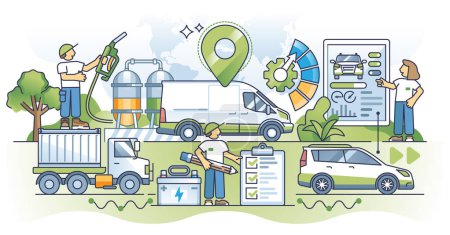 Illustration for Fleet management with modern logistics monitoring system outline concept. Vehicle maintenance and charging in effective freight business station vector illustration. Sustainable green transportation. - Royalty Free Image