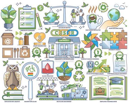 Illustration for Corporate social responsibility or CSR business outline collection set. Labeled elements with green and sustainable values, honest approach and nature friendly society awareness vector illustration. - Royalty Free Image