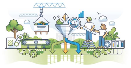 Illustration for Value stream mapping for effective and lean manufacturing outline concept. Material and information exchange tool for productive process control vector illustration. Work flow management strategy. - Royalty Free Image
