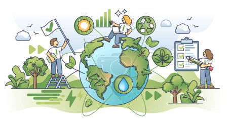 Illustration for Sustainability reporting and green climate goal measurement outline concept. Environmental publication about sustainable energy production, recycling initiatives and forestation vector illustration. - Royalty Free Image