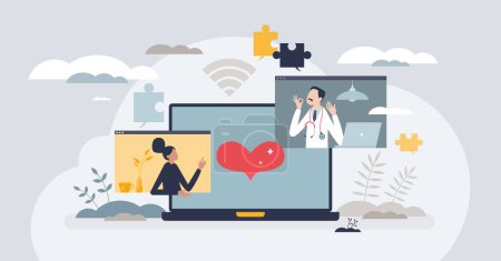 Illustration for Telehealth services using videocall to talk with doctor tiny person concept. Telemedicine technology as fast and effective remote method for consultation vector illustration. Healthcare specialist. - Royalty Free Image