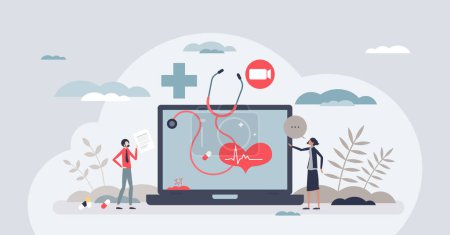 Illustration for Telehealth services as medical support using remote video tiny person concept. Patient videocall communication with doctor for diagnostic or treatment advices vector illustration. Online clinic app. - Royalty Free Image